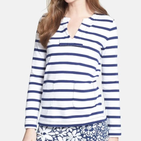 Kate Spade White and Blue Striped Tropez Top Bow 3/4 Sleeve - Picture 1 of 9